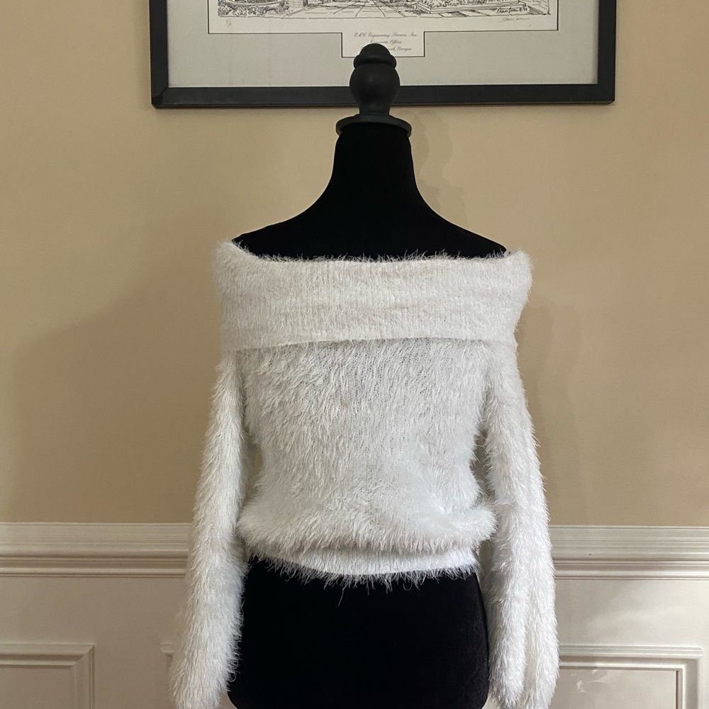 H&M Off-Shoulder Fuzzy White Sweater